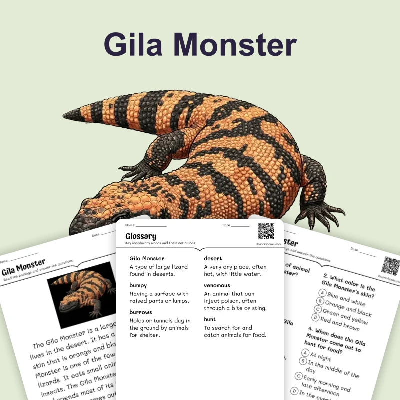 GIla Monster — ela — reading comprehension for Grade 1, Grade 2, Grade 3, page 1 of 4