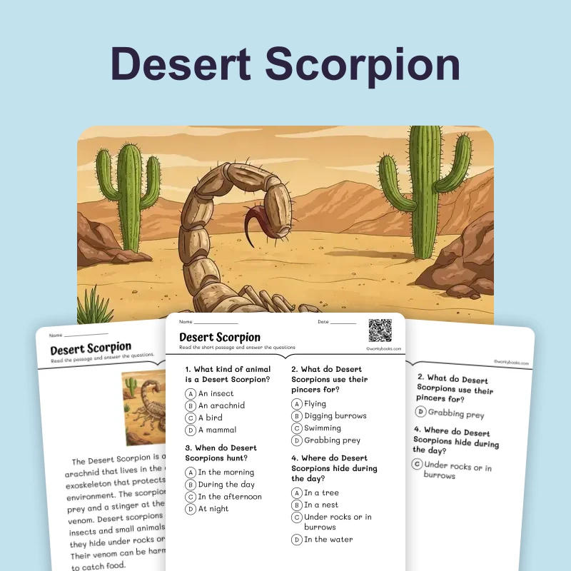 Desert Scorpion Facts — ela — reading comprehension for Grade 1, Grade 2, Grade 3, page 1 of 4