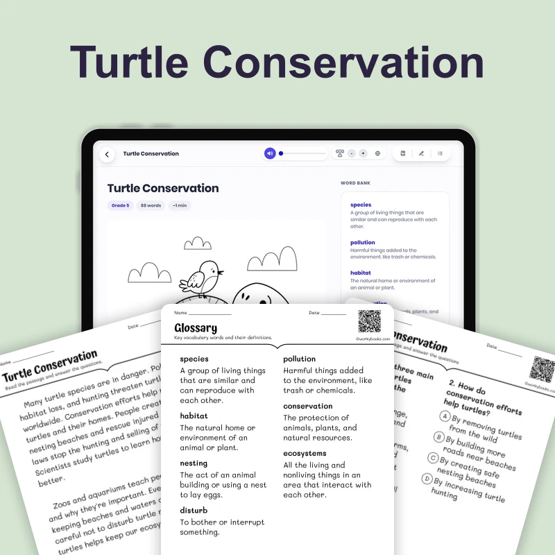 Turtle Conservation — ela — reading comprehension for Grade 1, Grade 2, Grade 3, page 1 of 4