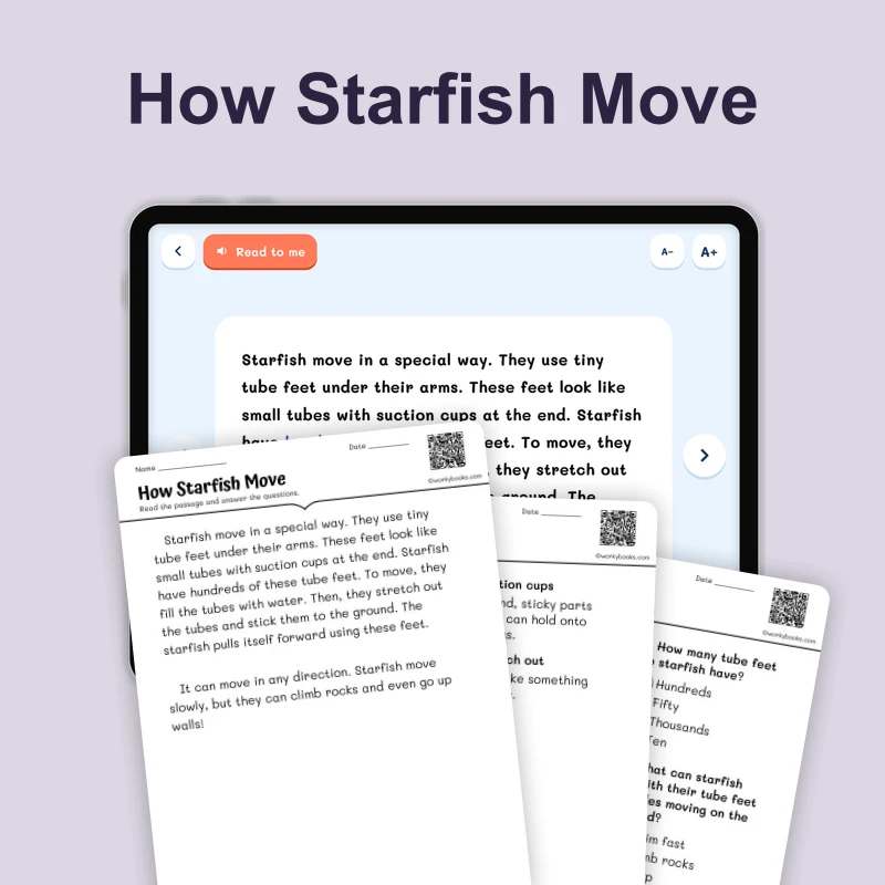 How Starfish Move — ela — reading comprehension for Grade 1, Grade 2, page 1 of 4