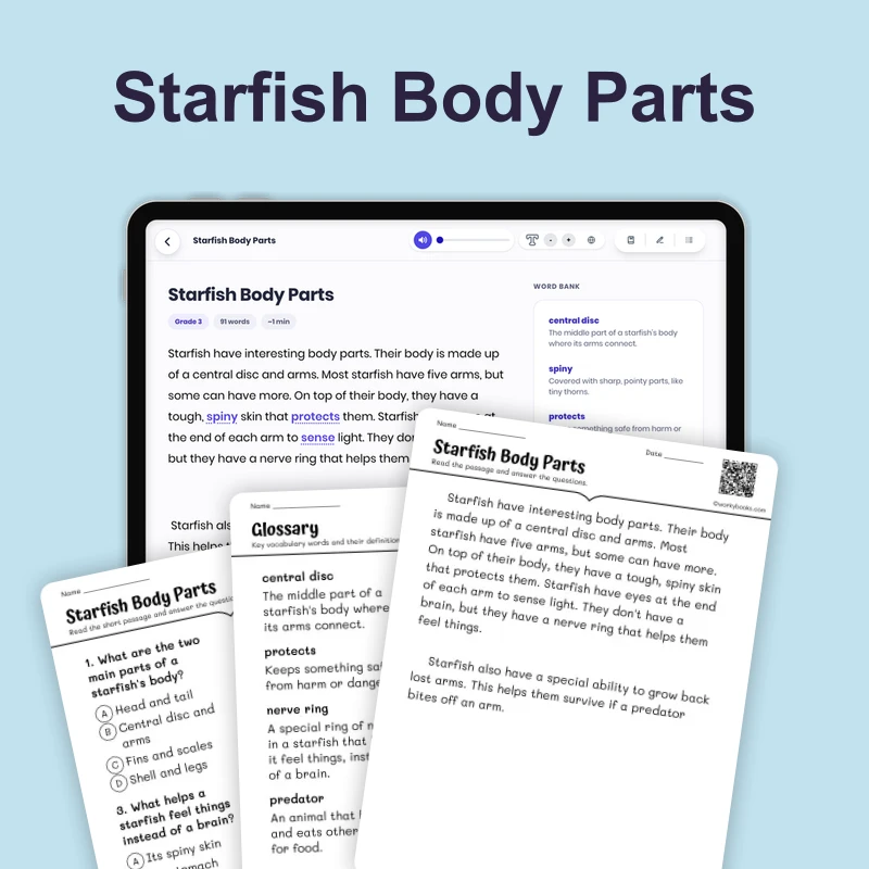 Starfish Body Parts — ela — reading comprehension for Grade 1, Grade 2, page 1 of 4