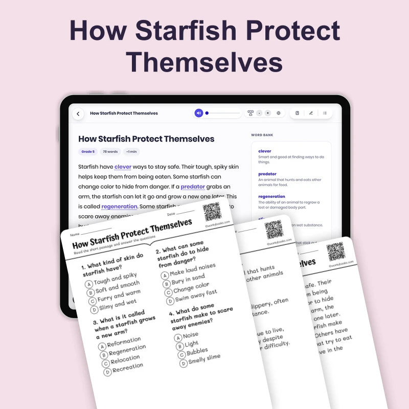 How Starfish Protect Themselves — ela — reading comprehension for Grade 1, Grade 2, page 1 of 4