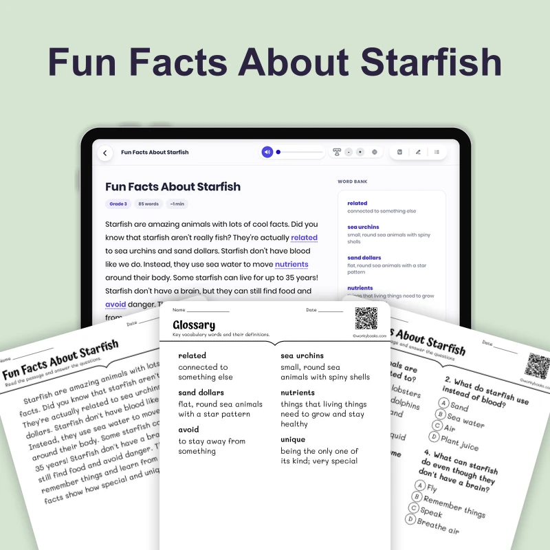 Fun Facts About Starfish — ela — reading comprehension for Grade 1, Grade 2, page 1 of 4
