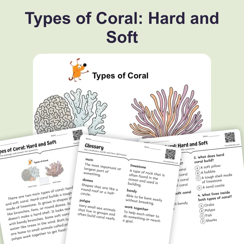 Types of Coral: Hard and Soft — ela — reading comprehension for Grade 1, Grade 2, page 1 of 4