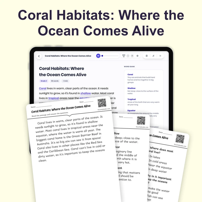 Coral Habitats: Where the Ocean Comes Alive — ela — reading comprehension for Grade 1, Grade 2, page 1 of 4