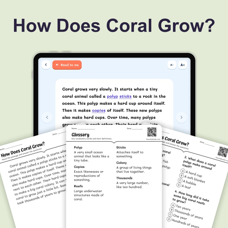 How Does Coral Grow? — ela — reading comprehension for Grade 1, Grade 2, page 1 of 4