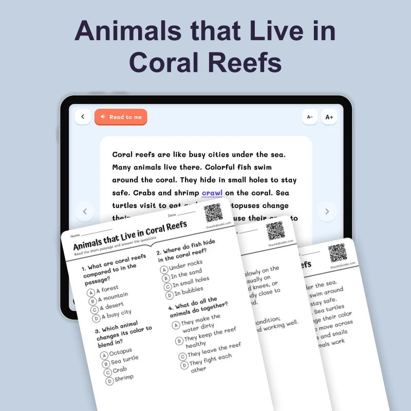 Animals that Live in Coral Reefs — ela — reading comprehension for Grade 1, Grade 2, page 1 of 4