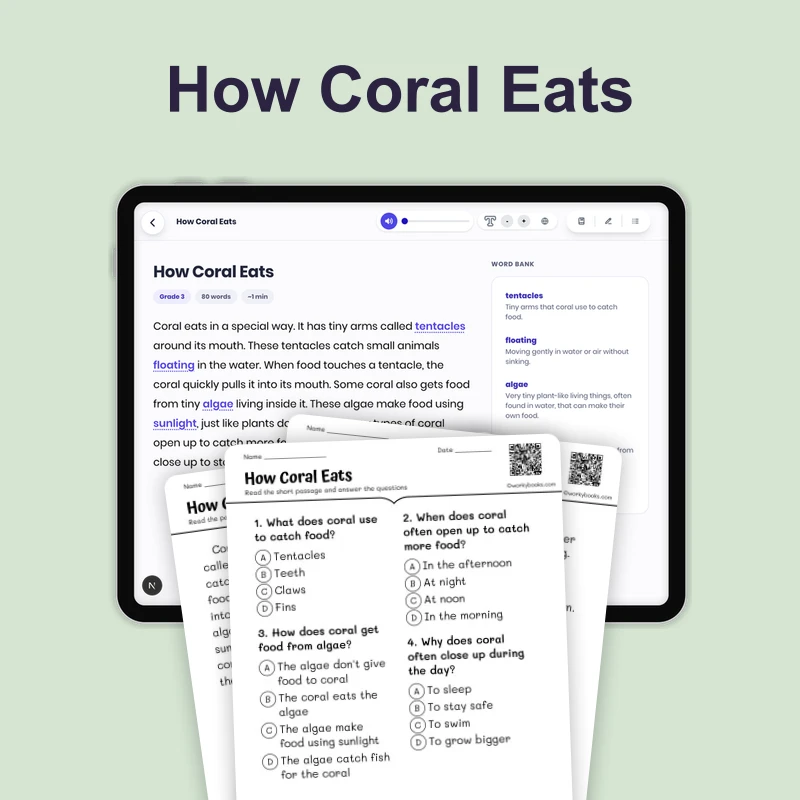 How Coral Eats — ela — reading comprehension for Grade 1, Grade 2, page 1 of 4