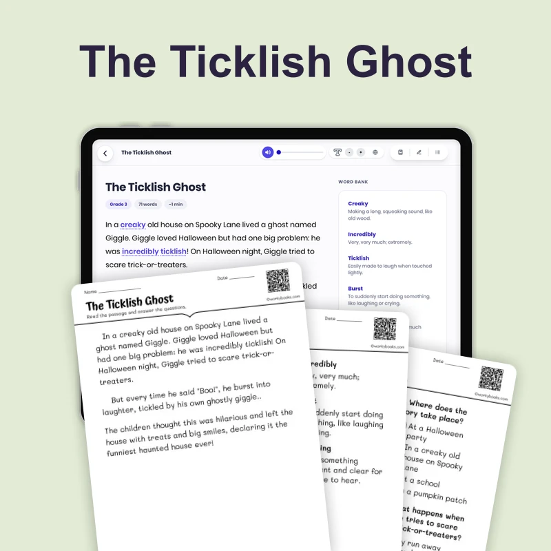The Ticklish Ghost — ela — reading comprehension for Grade 1, Grade 2, page 1 of 4