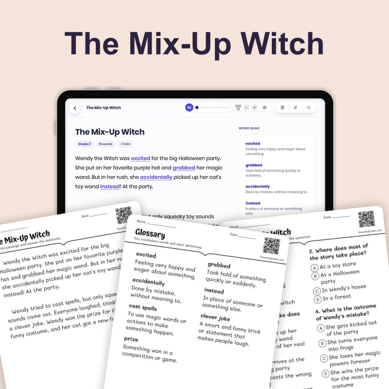 The Mix-Up Witch — ela — reading comprehension for Grade 1, Grade 2, page 1 of 4