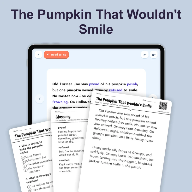 The Pumpkin That Wouldn't Smile — ela — reading comprehension for Grade 1, Grade 2, page 1 of 4