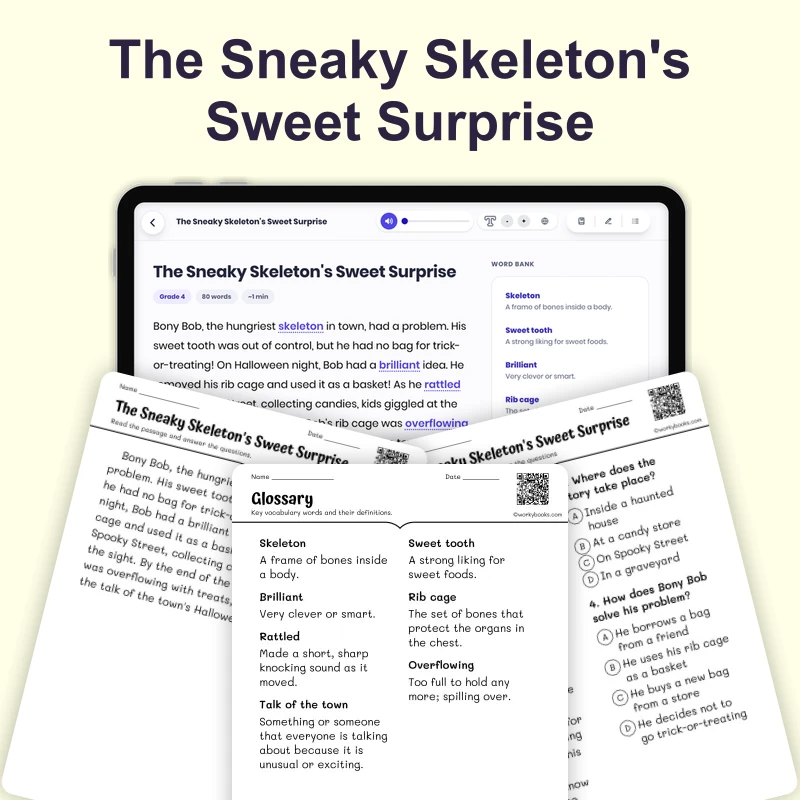 The Sneaky Skeleton's Sweet Surprise — ela — reading comprehension for Grade 1, Grade 2, page 1 of 4