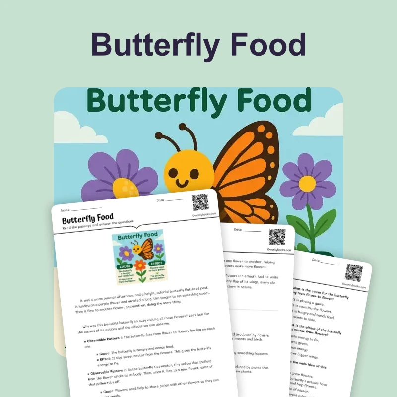 Butterfly Food — reading — reading comprehension for Grade 1, Grade 2, Grade 3, page 1 of 4