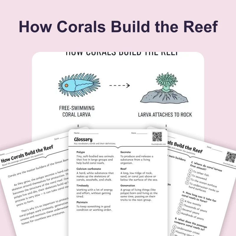 How Corals Build the Reef — ela — reading comprehension for Grade 2, Grade 3, Grade 4, page 1 of 4