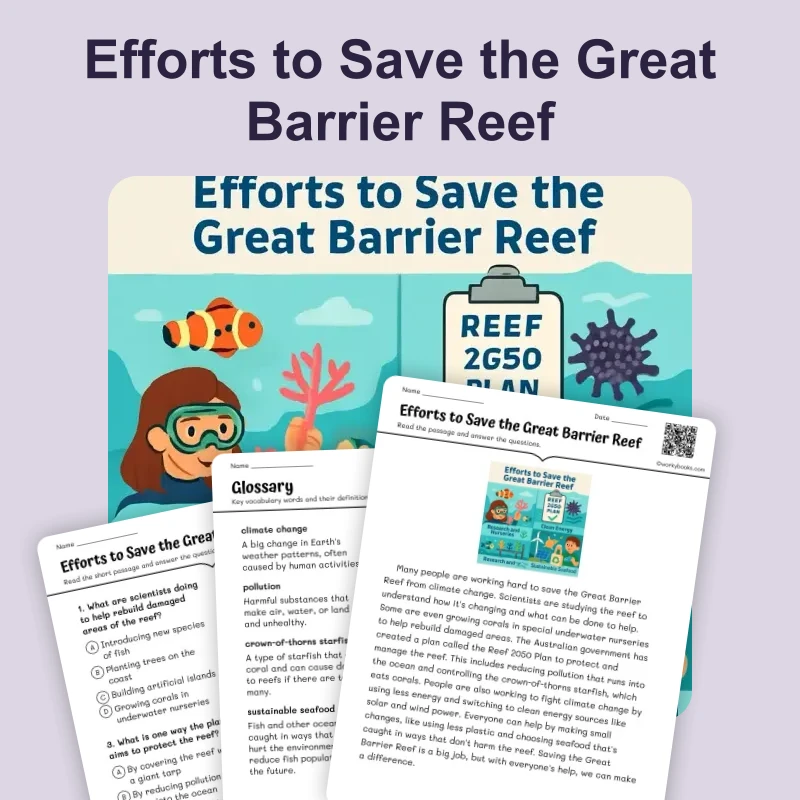 Efforts to Save the Great Barrier Reef — ela — reading comprehension for Grade 2, Grade 3, Grade 4, page 1 of 4