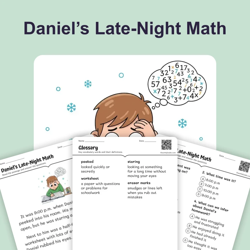 Daniel’s Late-Night Math— Making Inferences — ela — reading comprehension for Grade 2, Grade 3, Grade 4, Grade 5, page 1 of 4