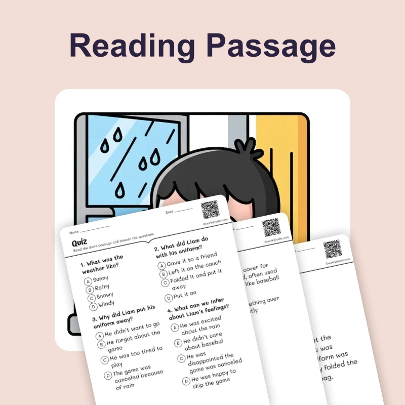 Liam’s Rainy Game— Making Inferences — ela — reading comprehension for Grade 2, Grade 3, Grade 4, Grade 5, page 1 of 4