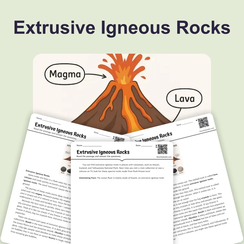 Extrusive Igneous Rocks — ela — reading comprehension for Grade 3, Grade 4, Grade 5, Grade 6, Grade 7, Grade 8, page 1 of 4