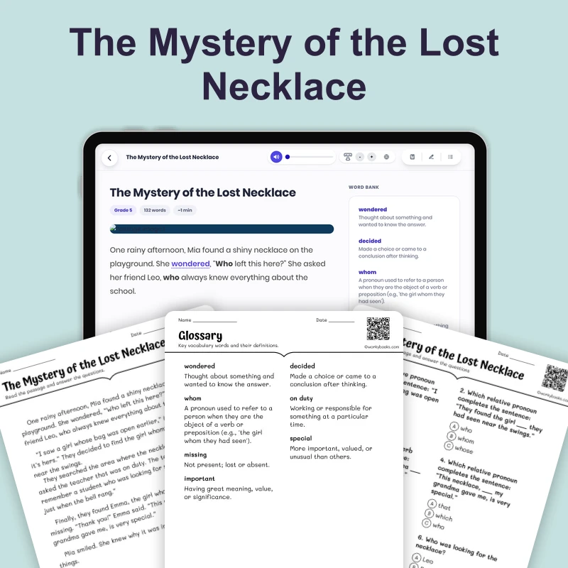 The Mystery of the Lost Necklace — ela — reading comprehension for Grade 4, Grade 5, page 1 of 4