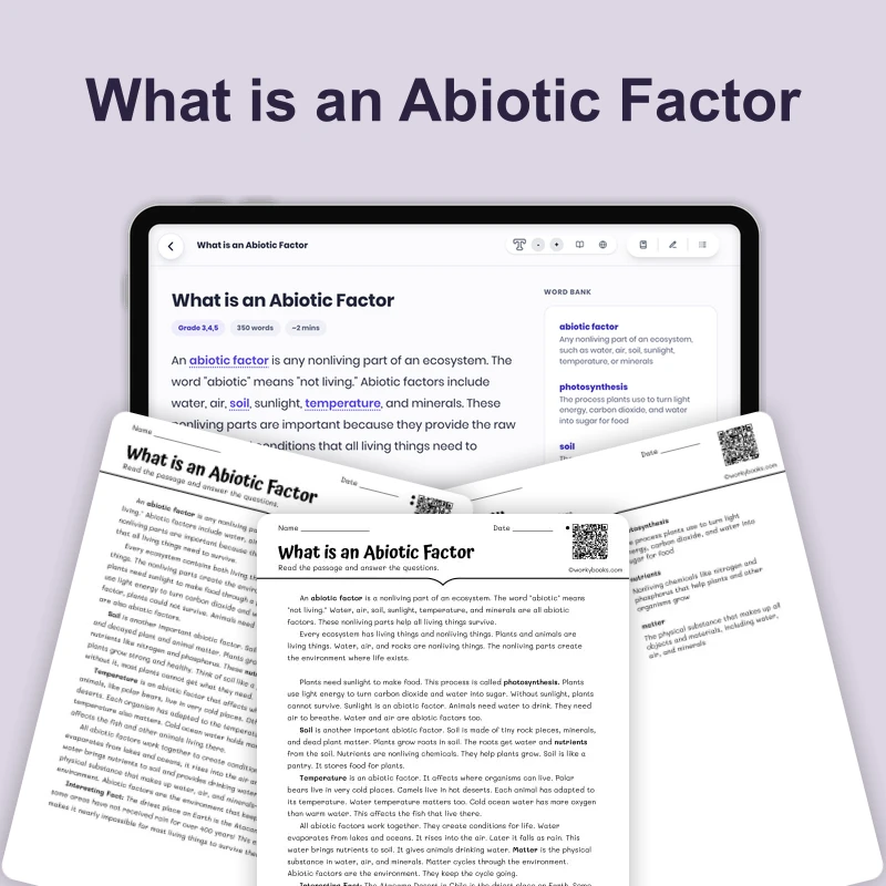 What is an Abiotic Factor — ela — reading comprehension for Grade 3, Grade 4, Grade 5, Grade 6, page 1 of 4