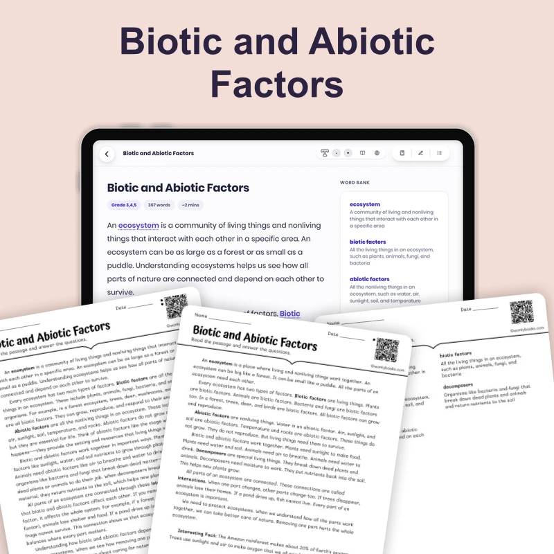 Biotic and Abiotic Factors — ela — reading comprehension for Grade 3, Grade 4, Grade 5, Grade 6, page 1 of 4