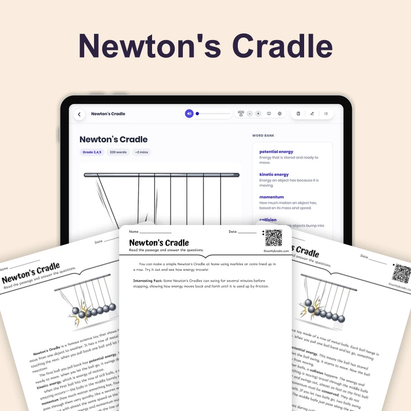 Newton's Cradle — ela — reading comprehension for Grade 3, Grade 4, Grade 5, Grade 6, page 1 of 4
