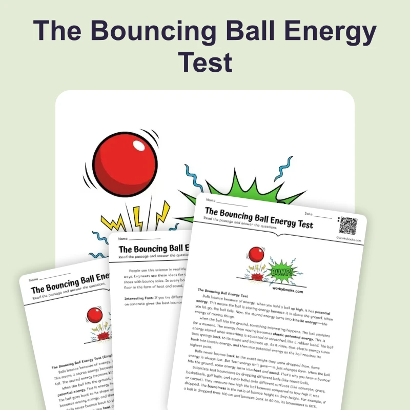 The Bouncing Ball Energy Test — ela — reading comprehension for Grade 3, Grade 4, Grade 5, Grade 6, page 1 of 4