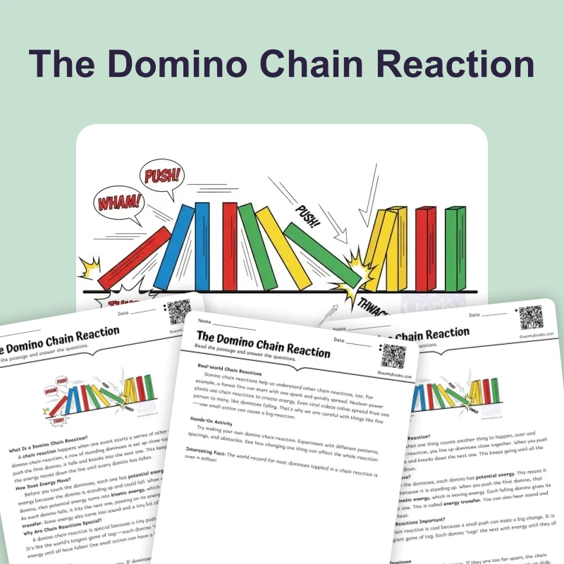 The Domino Chain Reaction — ela — reading comprehension for Grade 3, Grade 4, Grade 5, Grade 6, page 1 of 4
