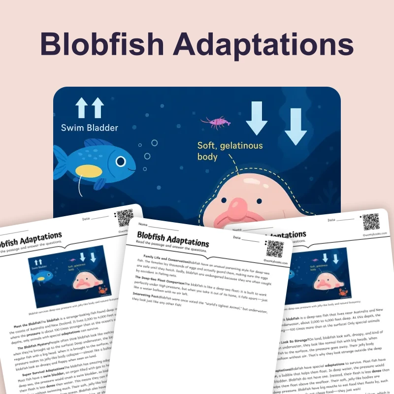 Blobfish Adaptations — science — reading comprehension for Grade 6, page 1 of 4