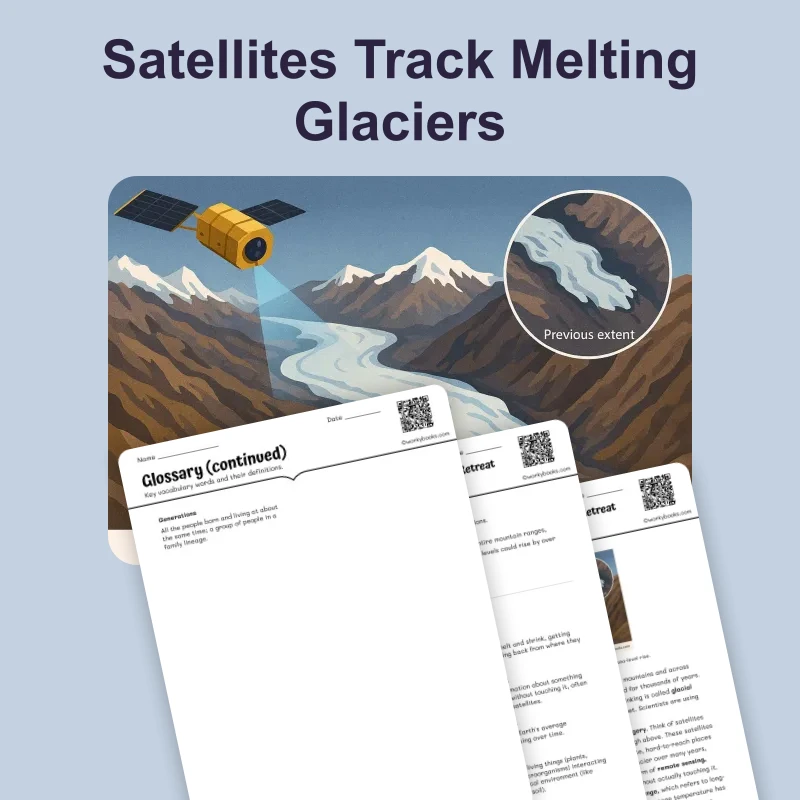 Satellites Track Melting Glaciers — science — reading comprehension for Grade 5, Grade 6, Grade 7, Grade 8, page 1 of 4