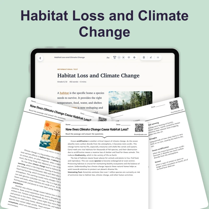 Habitat Loss and Climate Change — science — reading comprehension for Grade 5, Grade 6, Grade 7, Grade 8, page 1 of 4