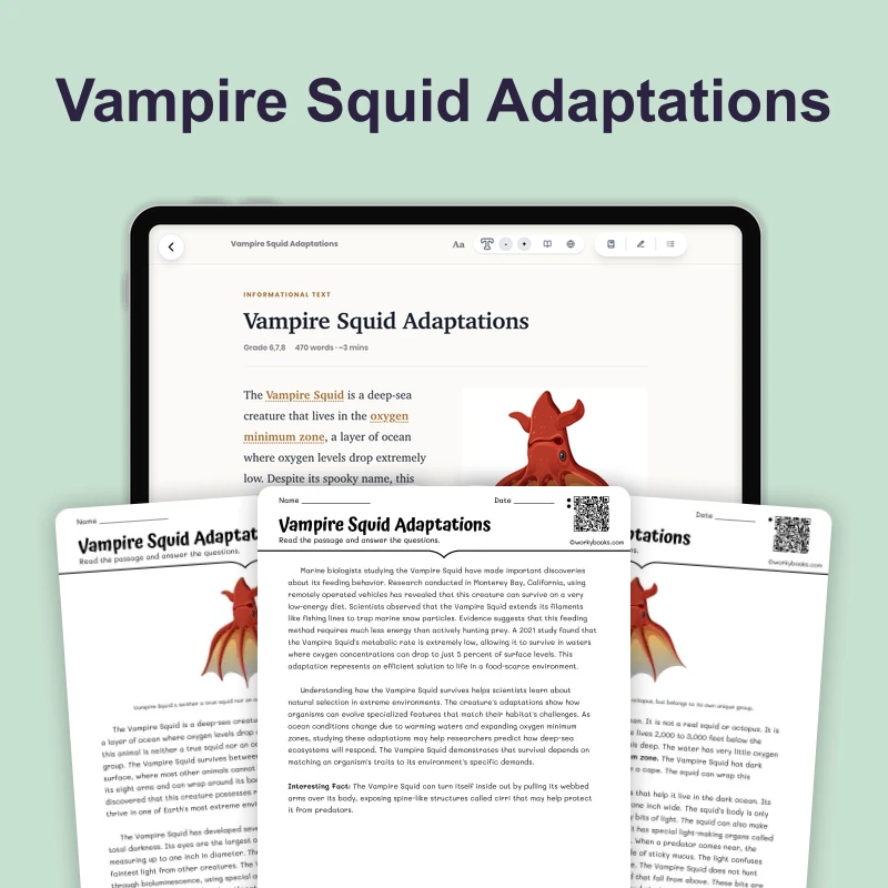 Vampire Squid Adaptations — science — reading comprehension for Grade 5, Grade 6, Grade 7, Grade 8, page 1 of 4
