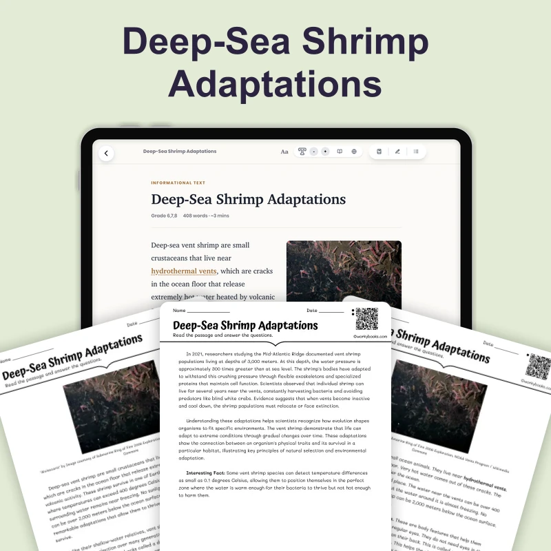 Deep-Sea Shrimp Adaptations — science — reading comprehension for Grade 5, Grade 6, Grade 7, Grade 8, page 1 of 4