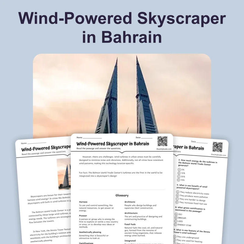 Wind-Powered Skyscrapers in Bahrain — ela — reading comprehension for Grade 6, Grade 7, Grade 8, Grade 9, page 1 of 4