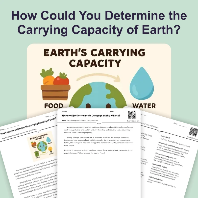 Determining Earth's Carrying Capacity — ela — reading comprehension for Grade 5, Grade 6, Grade 7, Grade 8, page 1 of 4