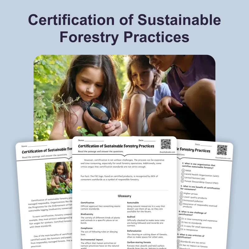 Certification of Sustainable Forestry Practices — ela — reading comprehension for Grade 6, Grade 7, Grade 8, Grade 9, page 1 of 4