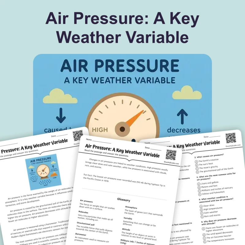 Air Pressure: A Key Weather Variable — ela — reading comprehension for Grade 5, Grade 6, Grade 7, Grade 8, page 1 of 4