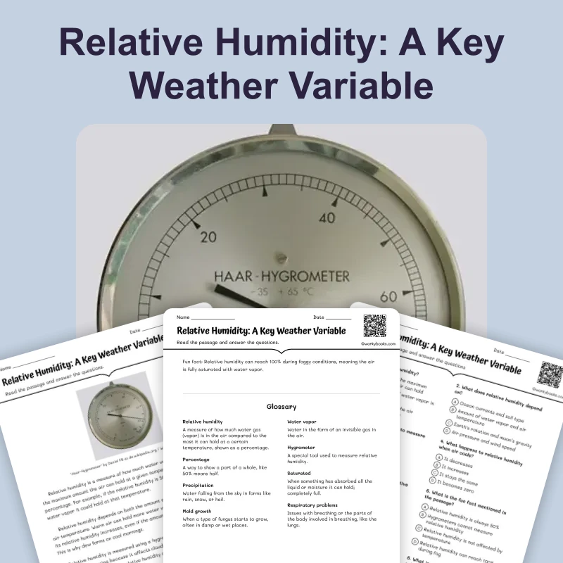 Relative Humidity: A Key Weather Variable — ela — reading comprehension for Grade 5, Grade 6, Grade 7, Grade 8, page 1 of 4
