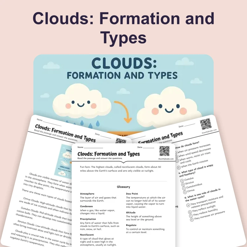 Clouds: Formation and Types — ela — reading comprehension for Grade 6, Grade 7, Grade 8, Grade 9, page 1 of 4