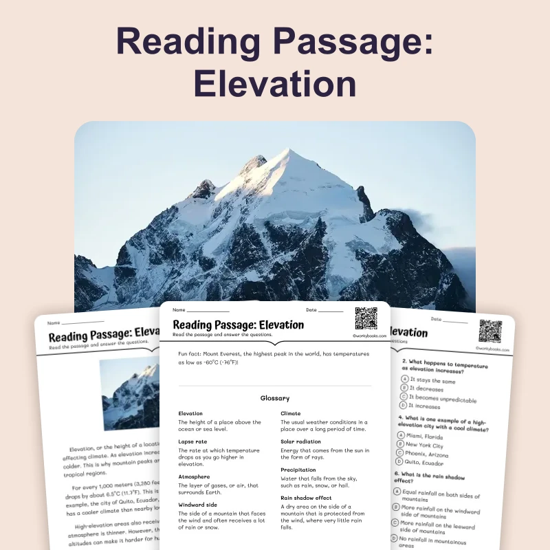 Elevation and Climate — ela — reading comprehension for Grade 5, Grade 6, Grade 7, Grade 8, page 1 of 4