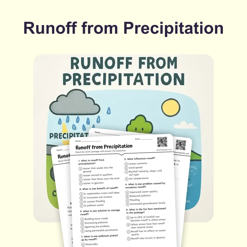 Precipitation Runoff — ela — reading comprehension for Grade 5, Grade 6, Grade 7, Grade 8, page 1 of 4