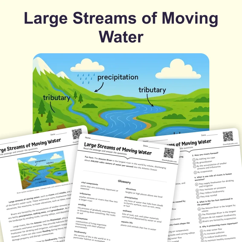 Large Streams of Moving Water — ela — reading comprehension for Grade 5, Grade 6, Grade 7, Grade 8, page 1 of 4
