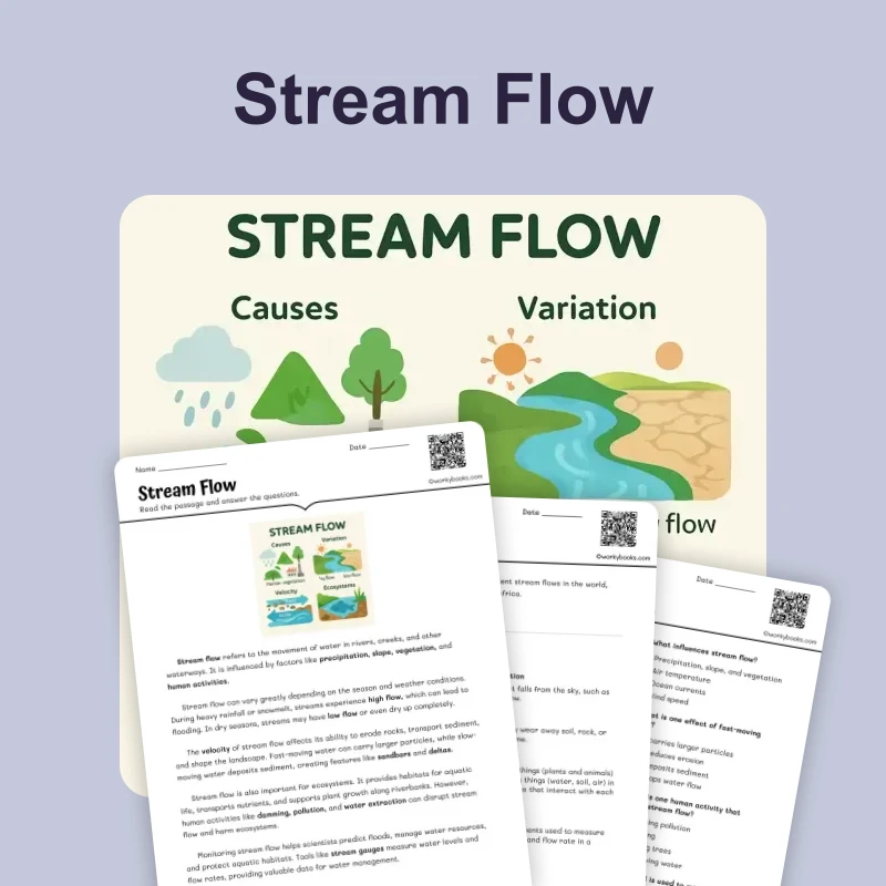 Stream Flow — ela — reading comprehension for Grade 5, Grade 6, Grade 7, Grade 8, page 1 of 4
