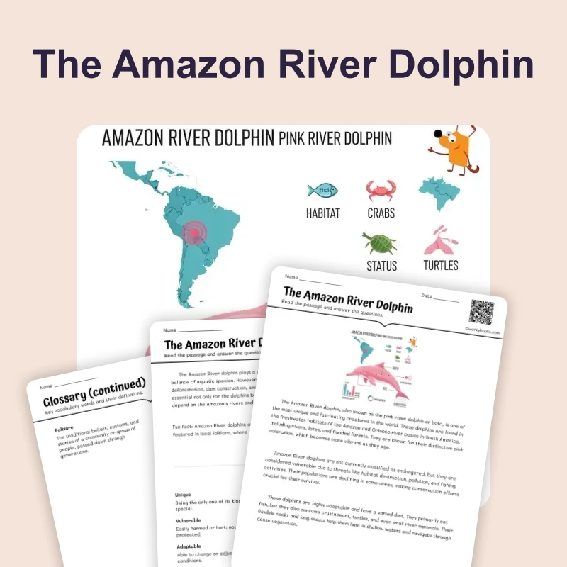 The Amazon River Dolphin — ela — reading comprehension for Grade 5, Grade 6, Grade 7, Grade 8, page 1 of 4