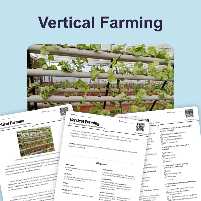 Vertical Farming — ela — reading comprehension for Grade 5, Grade 6, Grade 7, Grade 8, page 1 of 4