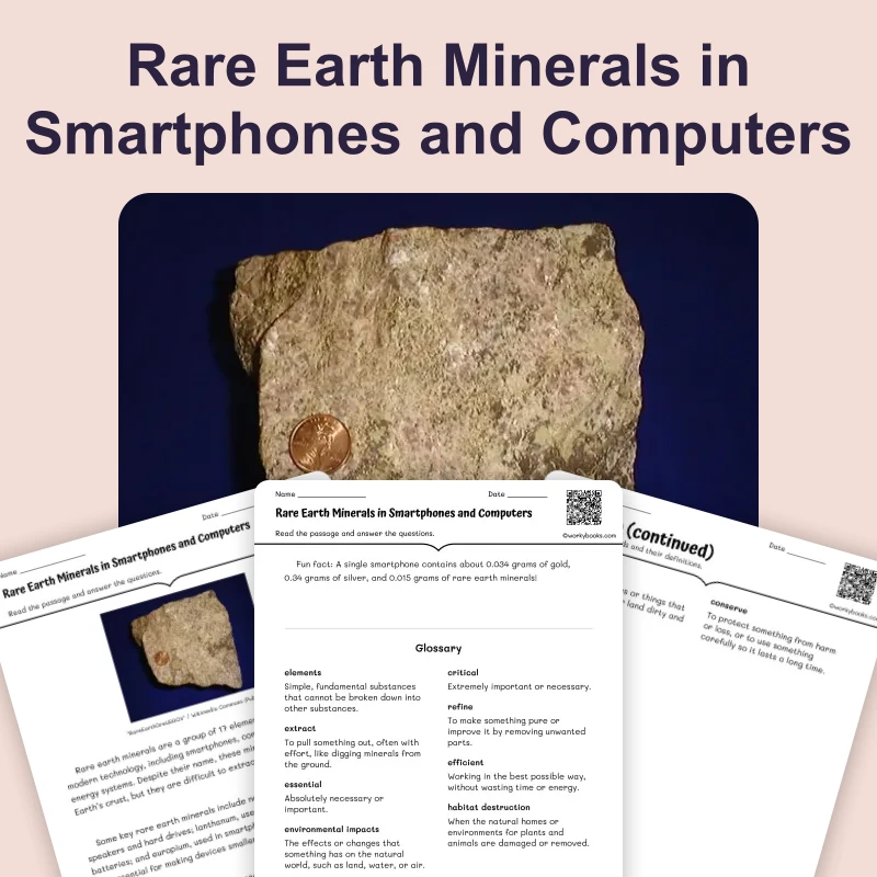 Rare Earth Minerals in Smartphones and Computers — ela — reading comprehension for Grade 5, Grade 6, Grade 7, Grade 8, page 1 of 4