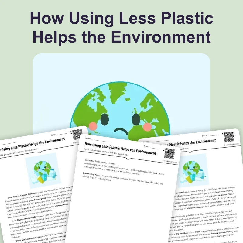 How using less plastic helps the environment? — ela — reading comprehension for Grade 2, Grade 3, Grade 4, page 1 of 4
