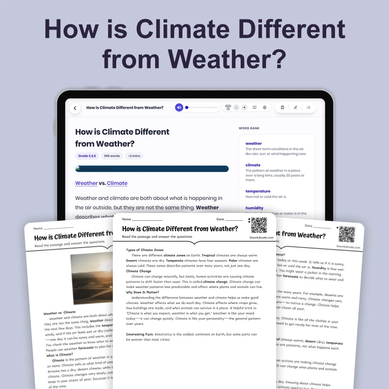 How is Climate Different from Weather? — ela — reading comprehension for Grade 2, Grade 3, Grade 4, page 1 of 4