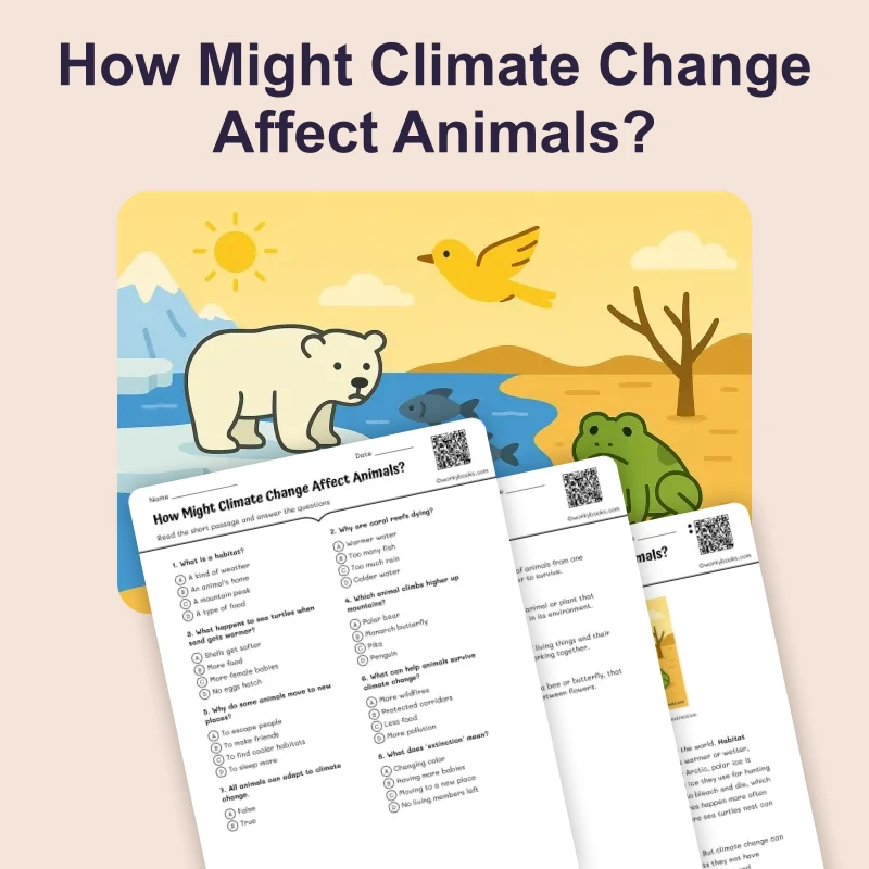 How might climate change affect animals? — ela — reading comprehension for Grade 2, Grade 3, Grade 4, page 1 of 4