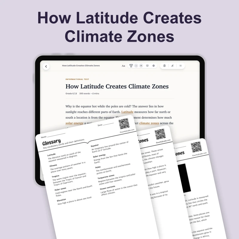 How Latitude Creates Climate Zones — science — reading comprehension for Grade 5, Grade 6, Grade 7, Grade 8, page 1 of 4